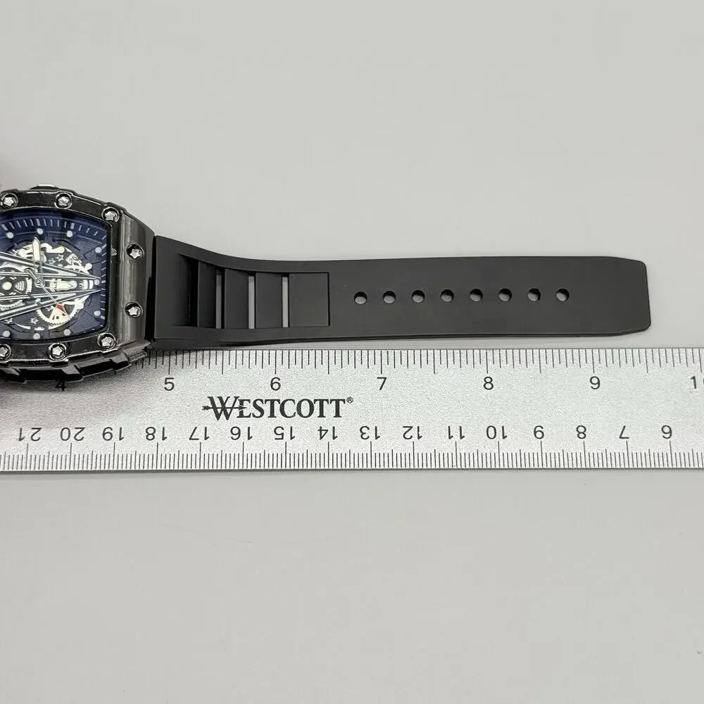 Mens Black Tonneau Watch Quartz Heavy Duty Fashion Skeleton Dial Wine Barrel